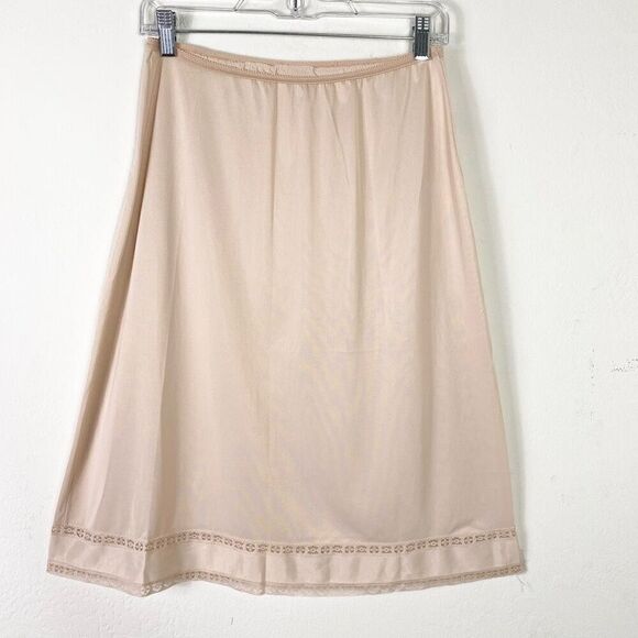 Vintage Gossard Tan Beige Lace Trim A Line Midi Slip Skirt Size M - Picture 1 of 5